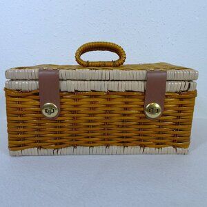 Vintage Wicker Sewing Basket Rectangle Hinged Double Clasp 14x8x7" Handles
